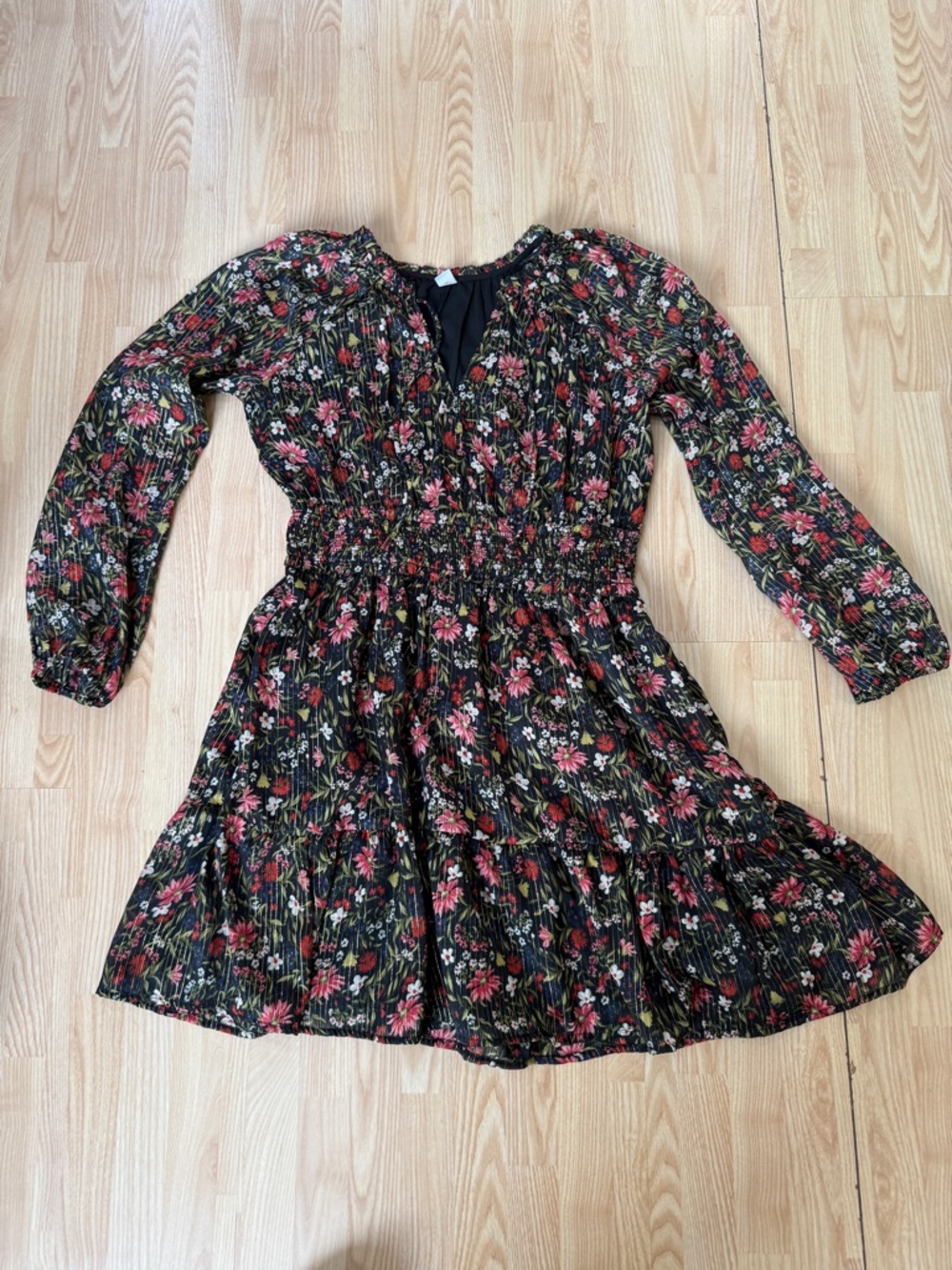 Old Navy Black Floral Smocked Waist Long-Sleeve Dress